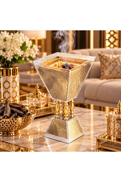 Luxury Gold & Silver Geometric Design Incense Burner - 25cm Height