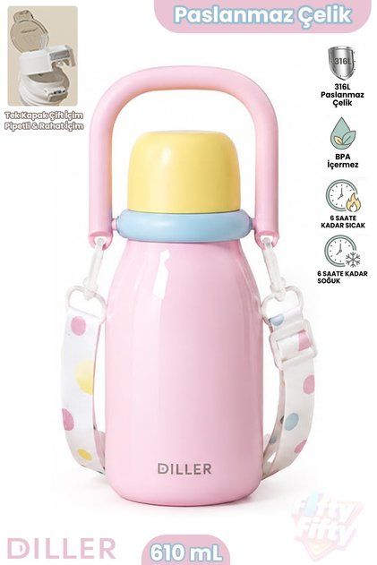 DILLER 610 ML Premium Bardak Kapak Çift Kullanım Pipetli Rahat İçim Kulplu Askılı Paslanmaz Çelik Termos FF9512