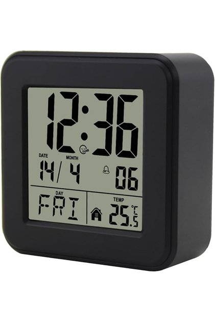 Battery Powered Digital Alarm Clock, Compact Bedside Clock with Night Light and Temperature Display,