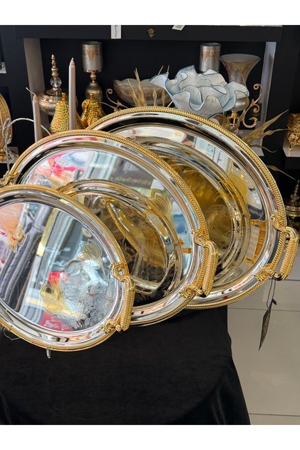 3-Piece Large Size 18/10 Stainless Steel Silver Micron Coating Gold Detail Multi-Purpose Tray Set