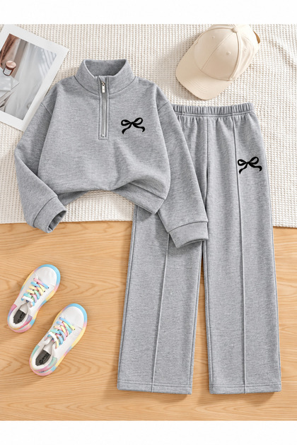 Çocuk Yeni Fiyonk Baskılı %100 Pamuk Uzun Kollu Yarım Fermuar Sweatshirt-Eşofman