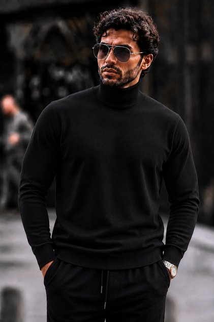Men's High-Neck Slim Fit Knitwear Black Sweater