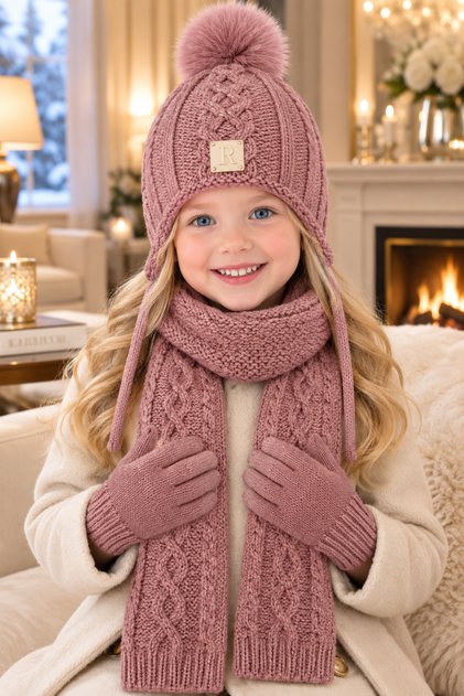 Lux 4-8 Years Old Children's 3-Piece Winter Set: Pompom Beanie, Scarf and Gloves Premium