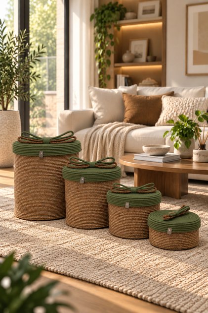 Christmas Wicker Rope Decorative 4-Piece Wicker Rope Basket with Lid Knitted Rope Basket Organizer Storage Box Home Office Kitchen Bathroom Bedroom Multi-Purpose