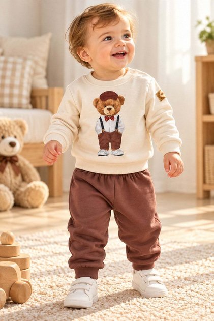 Baby Boy Bow Tie Style Teddy Bear Printed Snap-Back Sweatshirt Tracksuit 2-Piece Top and Bottom Set 3-6