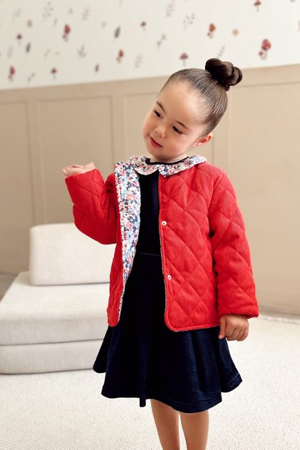 Girl's Velvet Coat, Floral Collared Blouse and Denim Skirt 3-Piece Set Pomegranate Flower