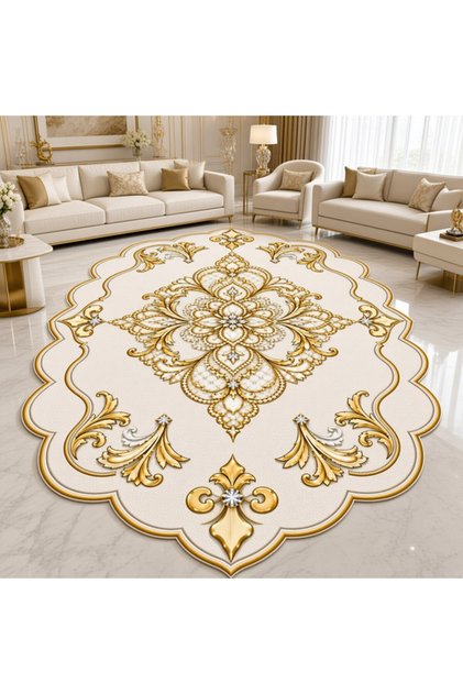Krem Altın Dalgalı Mücevher Motif Yıkanabilir Dijital Baskı Halı
