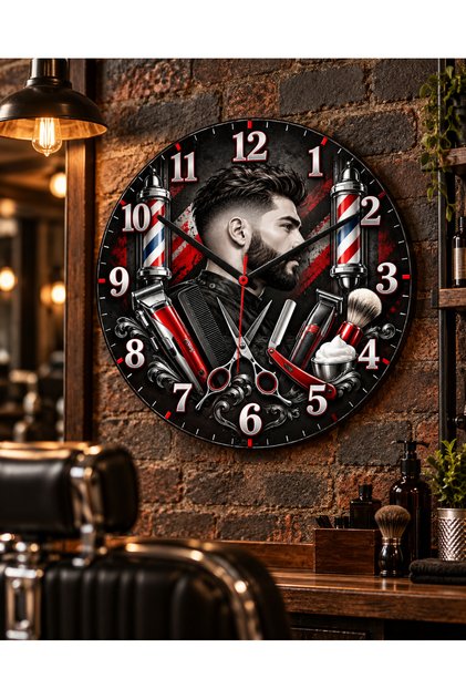 Berber Kuaför Temalı Duvar Saati 45 Cm Erkek Kuaförü Barber Shop UV Baskı Sessiz Akar Mekanizma 914