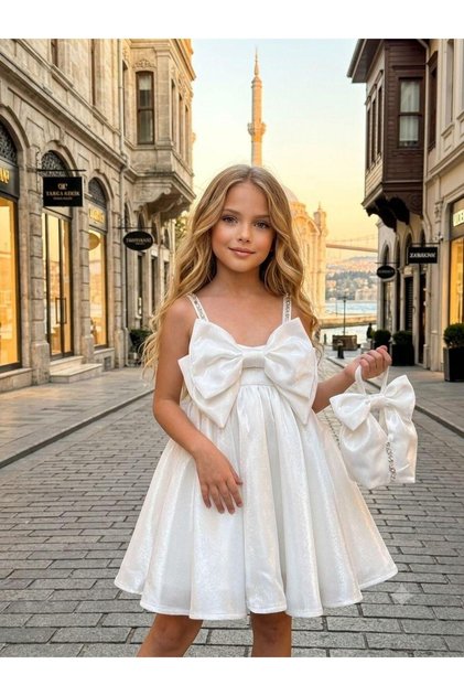 Girl's Satin Evening Dress with Stone Straps and Big Bow 2519-