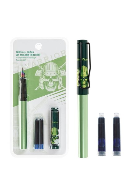 Set Stilou Verde Craniu & 2 Rezerve de Cerneala - Stilouri Fancy, Produse Scoala
