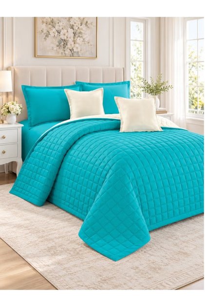 6-Piece Reversible Quilted King Bedding Set with Comforter, Flat Sheet, 2 Pillowcases & 2 Cushion Cases