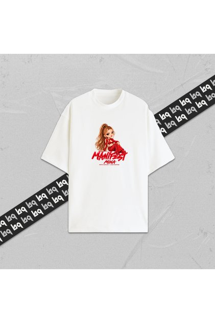 Manifest Mi̇na Unisex Character Printed Oversize T-Shirt 100% Cotton Women's Men's Crew Neck White