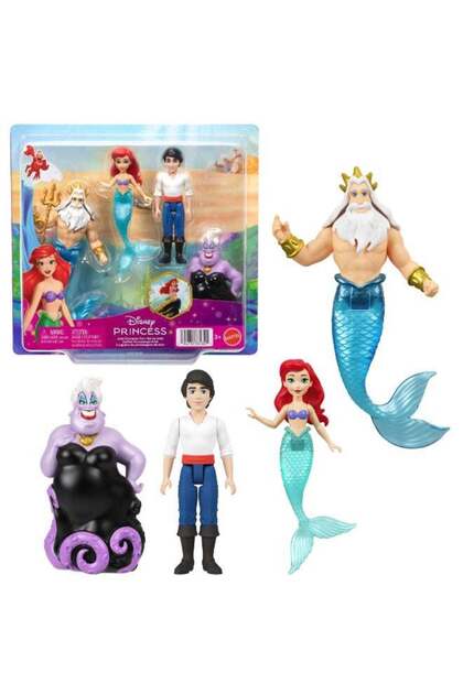 Princess Toys, Small Doll 4-Pack with Mermaid Ariel, Prince Eric, Ursula & King Triton, Plus Triden