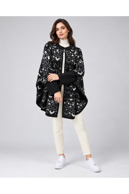 Women's Patterned Knitwear Poncho - Black