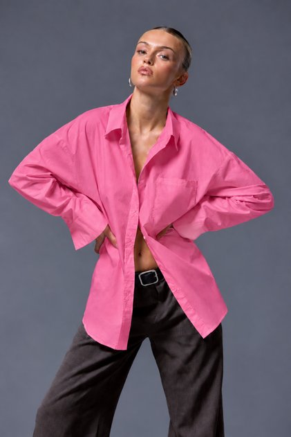 Women's Oversize Casual Poplin Shirt with Pockets