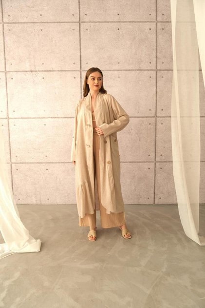 Plus Size Kap Ferace Kimono - Beige 50% Linen 5% Cotton Fabric