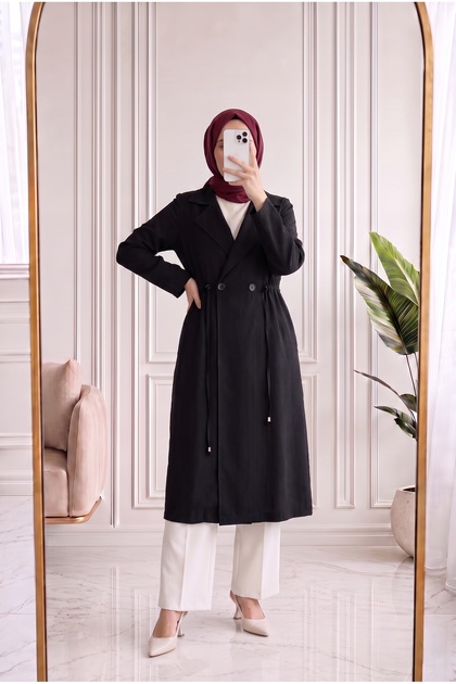 Mahidevran Waist Drawstring Double Button Cap-Ek1123 Black