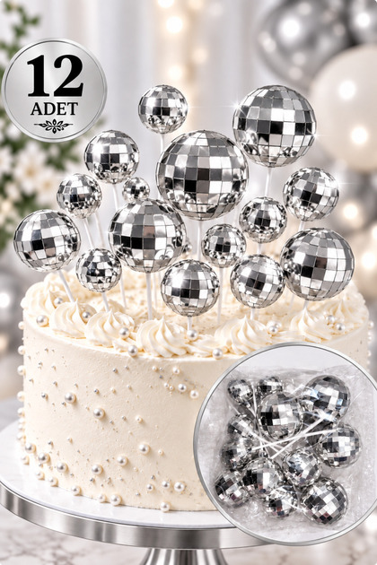 12’li Disko Top Pasta Süsü Seti – Aynalı Küre Cake Topper Doğum Günü Parti Süsü