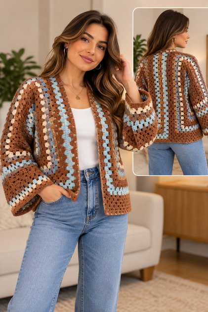 Hand Knitted Hexagonal Motif Bohemian Cardigan – Vintage Granny Square Women's Cardigan Size L