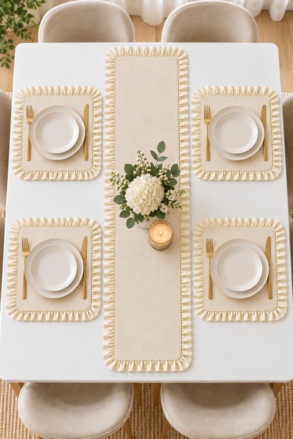 4-Person Ruffled Runner Set – 4 Square Placemats, 5-Piece Stylish Table Set