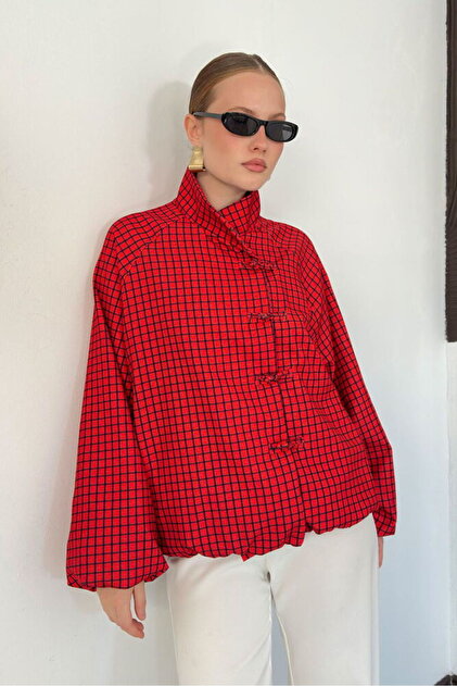 Women's Red Checkered Chinese Buttoned Jacket