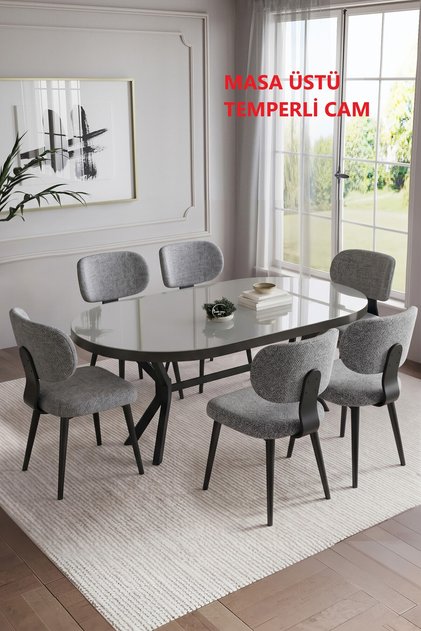 ATLAS CAMLI MUTFAK MASASI TAKIMI 90*160 6 SANDALYELİ