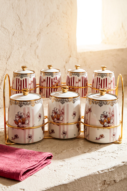 Cherry Blossom Porcelain 7-Piece Spice Jar Set with Stand