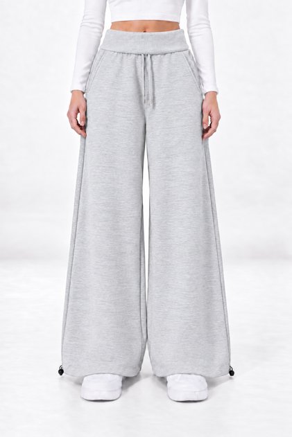 Gray 3-Thread Ribbed Waist Folded Wide Leg Oversized Sweatpants