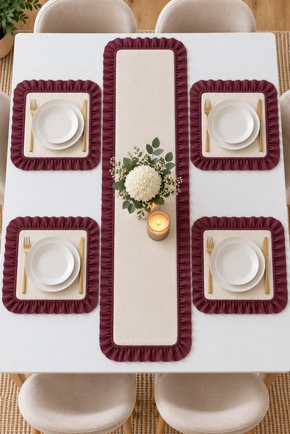 4-Person Ruffled Runner Set – 4 Square Placemats, 5-Piece Stylish Table Set