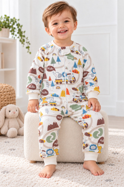 Winter Long Sleeve Baby Kids Sleeping Bag 100% Cotton Double Layer Flannel 1 Tog 20-24 ° C Trendy Patterned Footed Jumpsuit