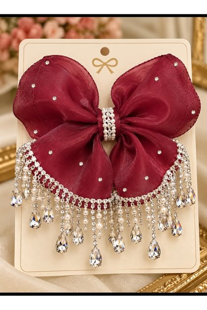Burgundy Sparkling Stone Bow Hair Clip 🎀 ✨