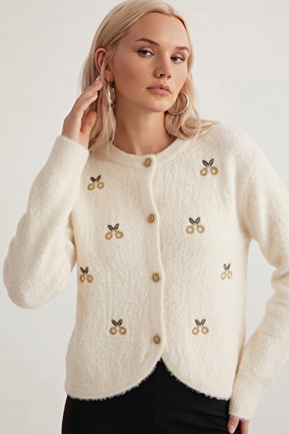 Stone Embellished Soft Fuzzy Knitwear Buttoned Cardigan