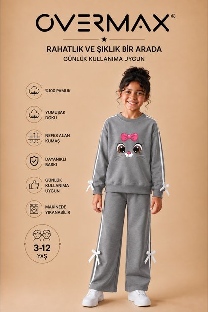 Girl's Stripe and Bow Detailed Kitten Face Printed Tracksuit Set – Ages 3-12
