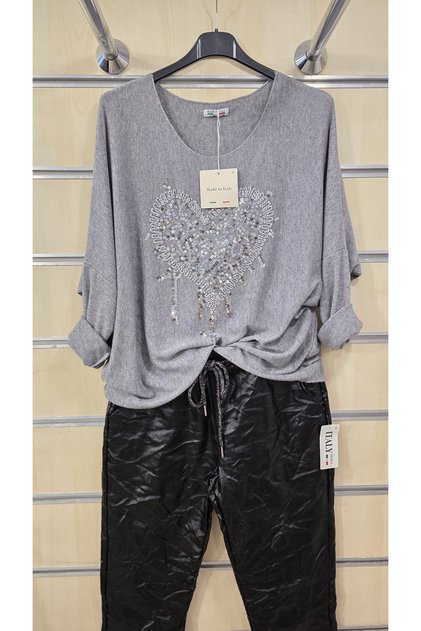 Italian Blouse Heart Pattern Sequin Embroidered