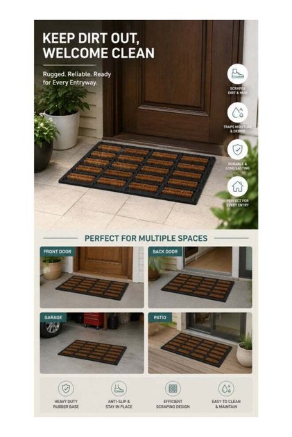 Grandeur Doormat 50x100cm | Non Slip PVC and Coir Material | Indoor Outdoor Durable Entrance Doorm