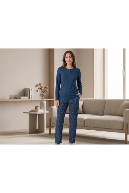 Kadın Uzun Kollu Düğmeli İndigo Pijama Takımı