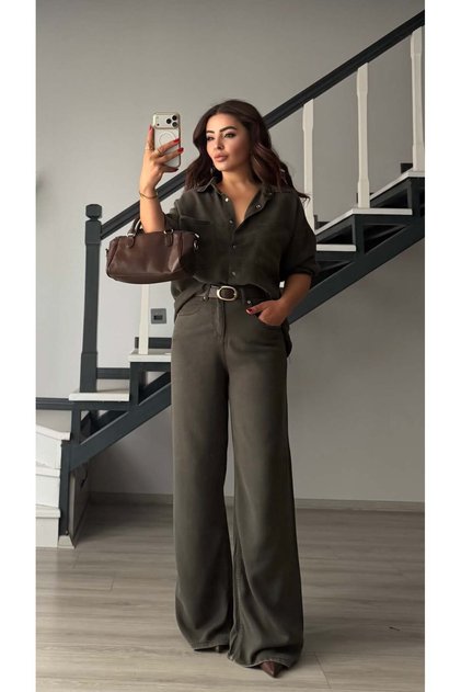 Haki Tencel Denim Gömlek-Pantolon Takım