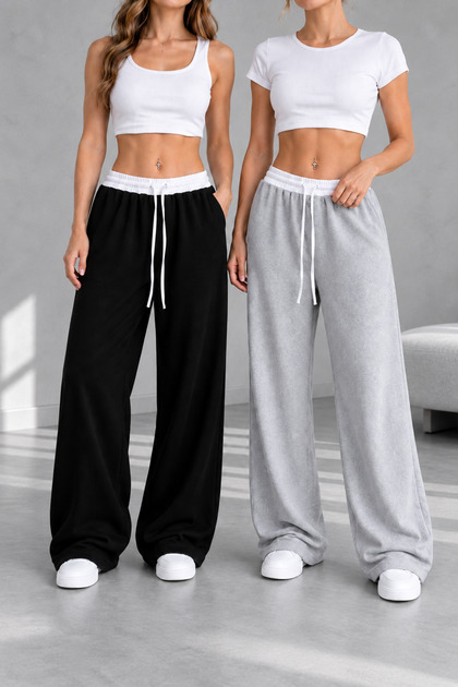Pantaloni de trening casual pentru femei, 2 piese, negru+gri, cu centură albă, îmbrăcăminte lejeră și elegantă, confortabilă, pentru zi cu zi