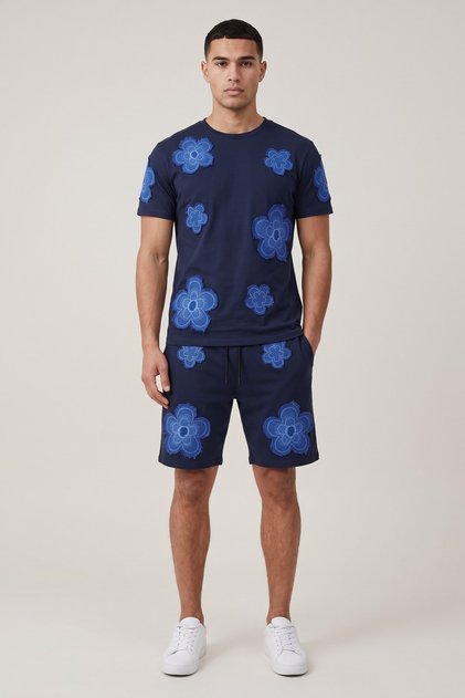Men's Shorts T-Shirt Set Blue Floral Printed 100% Cotton Summer Top and Bottom Set - Navy Blue