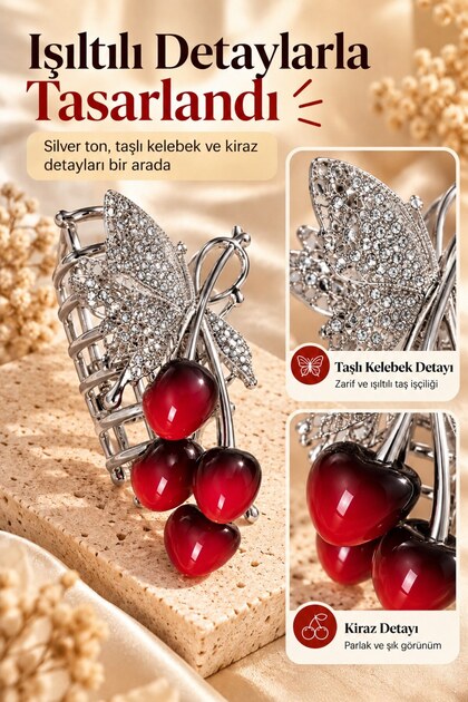 Stoned Butterfly Cherry Detailed Hairpin Buckle Silver Stylish Women's Hair Accessory