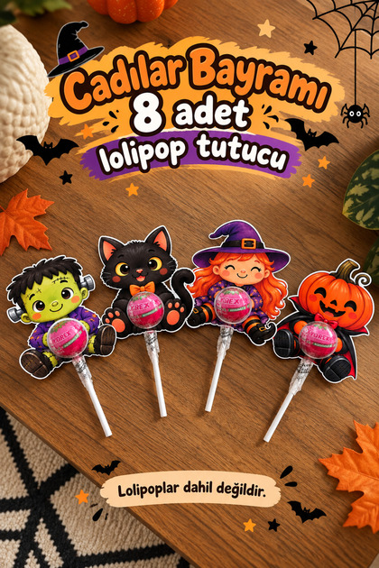 Cadılar Bayramı Halloween 8'li Lolipop Tutucu Seti | Çocuk Parti Hediyesi | Halloween Parti Süsü | Şeker Dağıtmalık