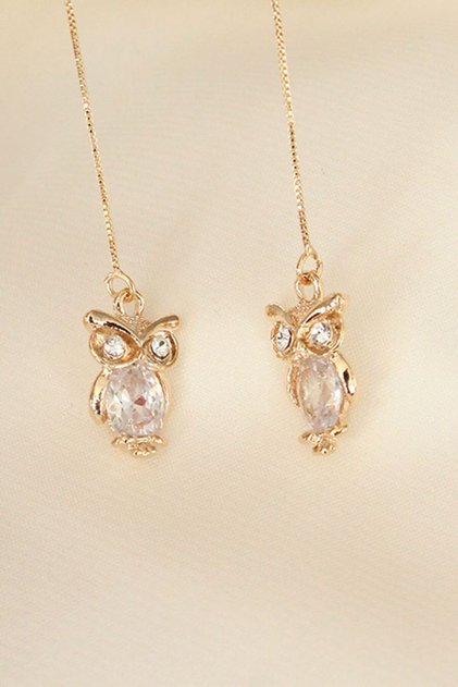 Gold Color Crystal Stone Long Dangle Owl Earrings