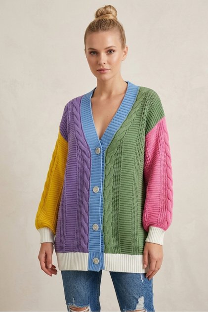 Women's Oversize Knitwear Cardigan Multi-Colored Loose-Fitting Buttoned