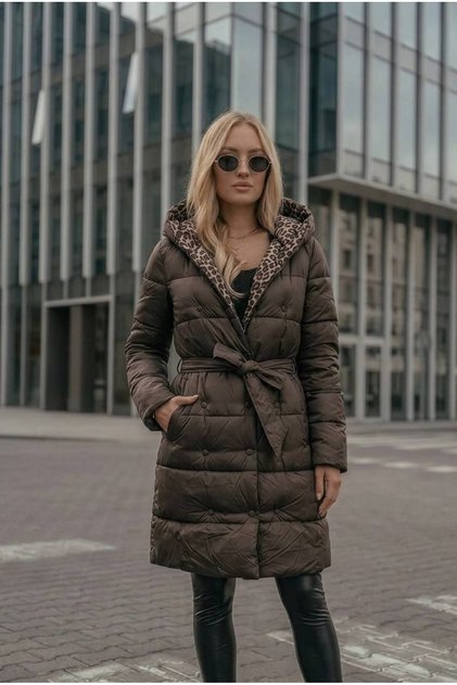 Яке Roxana със средна дължина, капитонирано, двулицево, с животински принт и качулка – Тъмнокафяво
