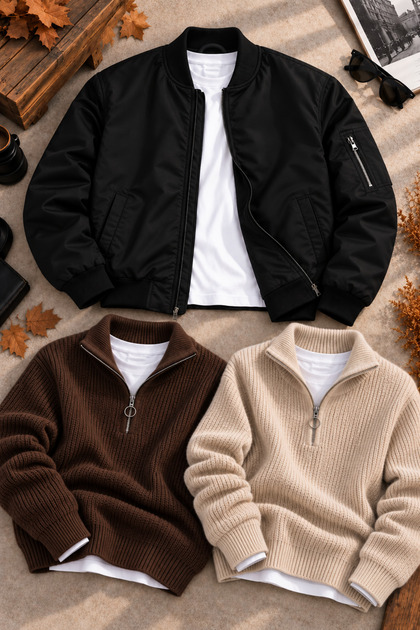 Men's 3-Piece Winter Combination Set Unisex Oversize Double Pocket Bomber Jacket College Jacket 2-Piece Half-Zip Stand Collar Thessaloniki Knit Sweater
