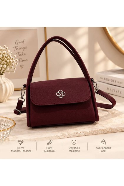 Bordo desen kilitli el ve omuz çantası