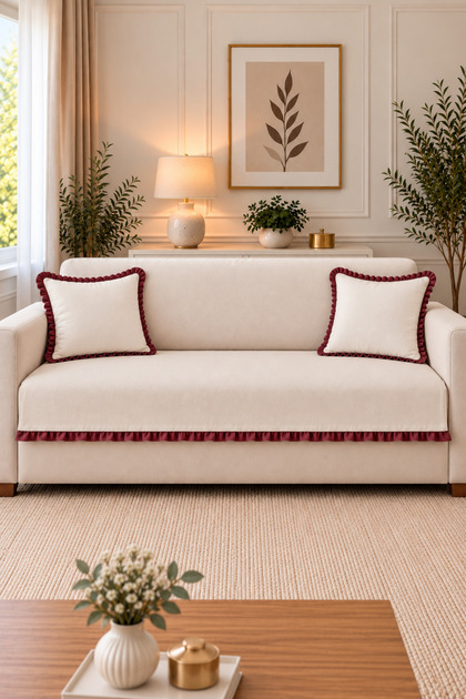 90X200 cm Minimal Ruffle Sofa Cover and 2 Pieces 40X40 cm Throw Pillow Covers Set