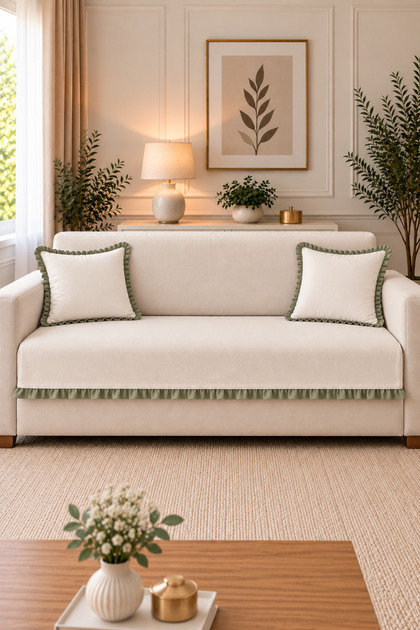 90X200 cm Minimal Ruffle Sofa Cover and 2 Pieces 40X40 cm Throw Pillow Covers Set