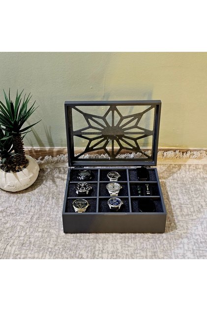 Wooden 9-Compartment Watch Box Decorative Glass Watch Accessory Storage Box Organizer