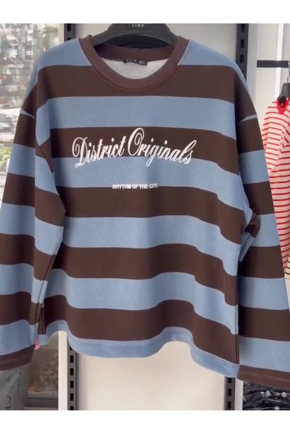 Çizgili Bisiklet Yaka Oversize Düşük Kol Örme Sweatshirt-mavi